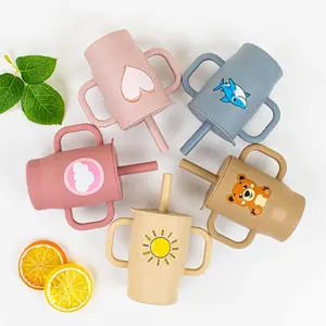 180ml Silicone Baby Training Cup, Sippy Cups, 1 Count Cute Cartoon Pattern Straw Cup with Handle & Lid, Drinking Cup for Boys & Girls, Drinkware for Home & Office