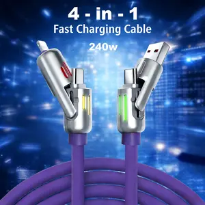 4-in-1 Fast Charging Cable (USB-A to Lightning/Type-C + Type-C to Lightning/Type-C, 1m Length, Supports Up to 240W) | Breathing Light Liquid Silicone Cord | Black Friday Christmas Useful Item