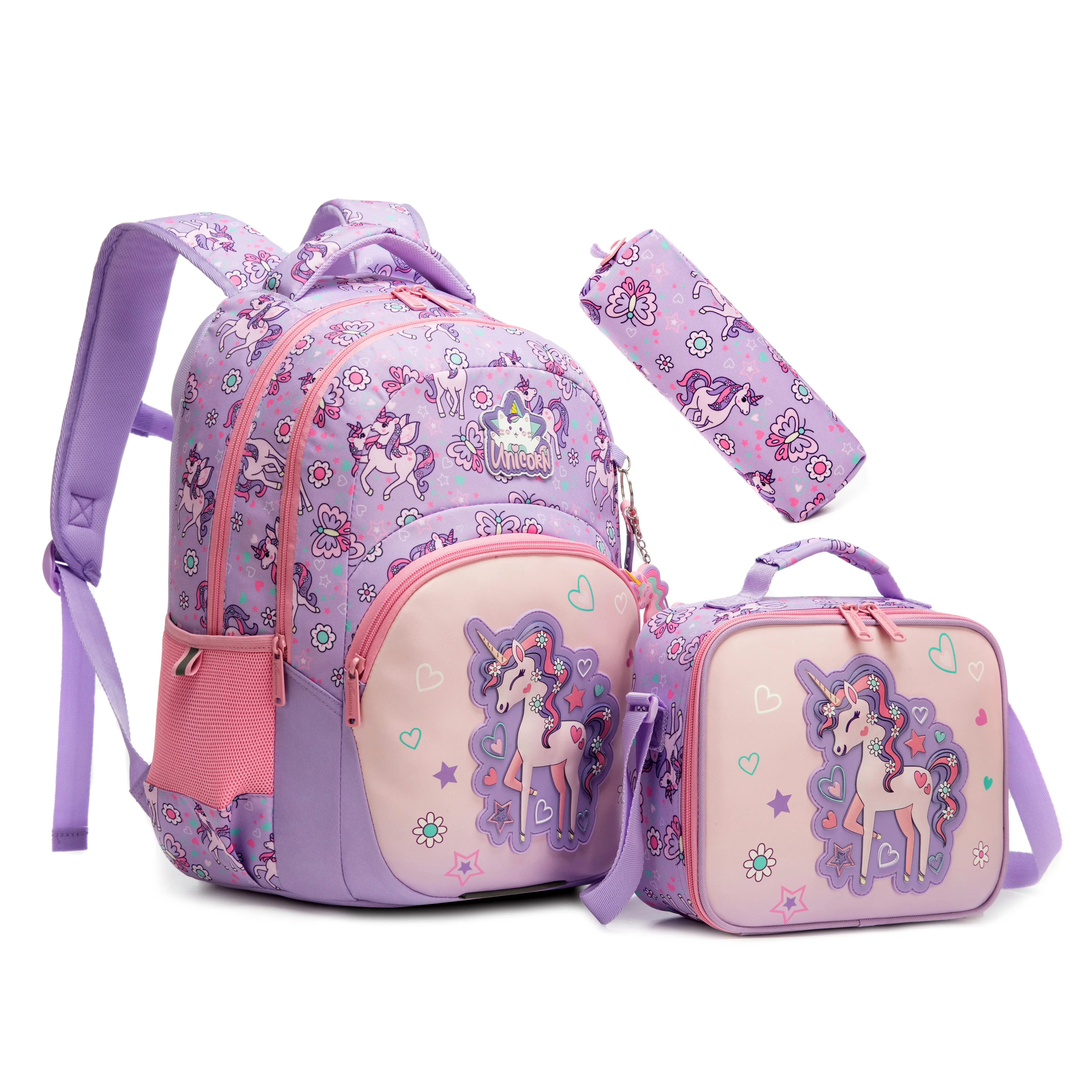 Purple Unicorn Backpack 3pcs Set for Girls | Magical Floral Butterfly School Bag with Lunch Box & Pencil Case | Lavender Preschool Elementary Kids Bookbag 2026