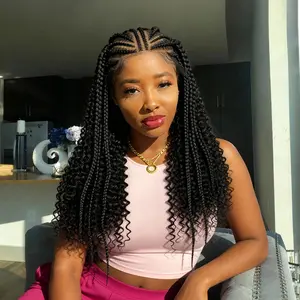Braided Curly Wig for Black Women 13x6 Handmade Cornrow Braids Wig Boho Braid 22 Inch Black Long Curly Synthetic Wigs with Baby Hair 1B