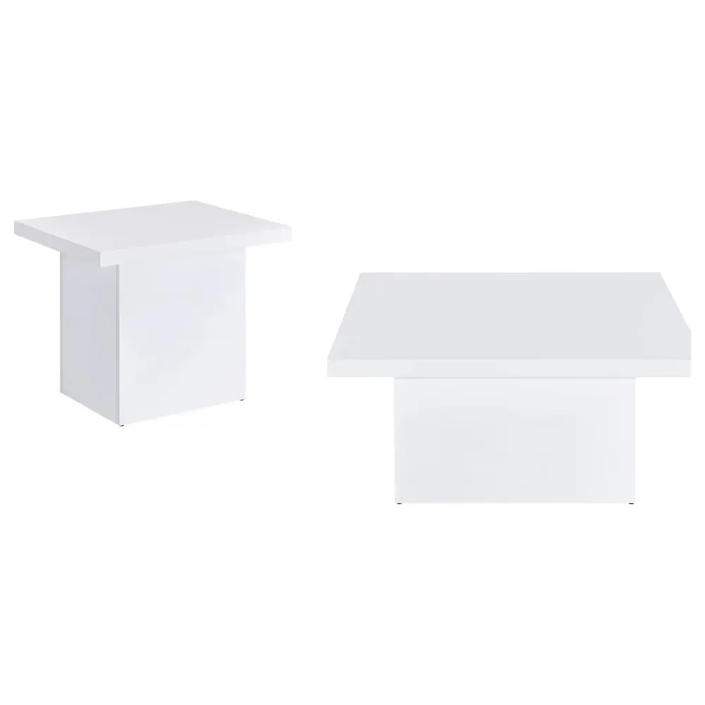Devar 2-Piece Square Pedestal Coffee Tables Set, White High Gloss, Clean Look, Minimal Chic Glam Indoor Furniture, Matching Plinth Base, Modern