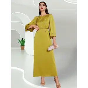 Elegant Long-Sleeve Kaftan Dress with Rhinestone Embellishments - Vibrant Orange, Flowy A-Line Silhouette, Perfect for Adult Parties and Formal Events, Formal Event Attire|Elegant Long Dress|Rhinestone Embellishments, Plus Size Dress