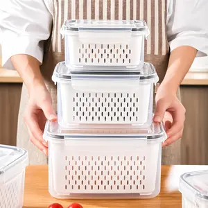 Three-Piece Dual-Layer Food Storage Containers with Drain Basket and Lid, Stackable Containers, Leakproof Refrigerator Safe Reusable Kitchen Organizer, Containers Set, Plastic Storage Container
