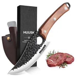 Huusk Knives, Viking Knife with Sheath - Hand Forged Butcher Knife for Meat Cutting - High Carbon Steel Meat Cleaver Kitchen Blade Portable Knife Wood wooden handle steak steel knife- Multipurpose Japanese Chef Knives for Camping, Outdoor, BBQ