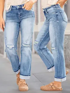 Women's High Waist Straight Leg Jeans, Fashionable Casual Elastic Ripped Denim Jeans, Slim Fit Distressed Tight Jeans, Trendy Jean Fabric