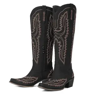 Cowboy Boots For Women Knee High Boot Squre Toe Chunky Block Heel Side Zipper Embroidered Wide Calf Fashion Retro Chic Party Date Dress Concert Western Classic Trendy Cowgirl Long Booties
