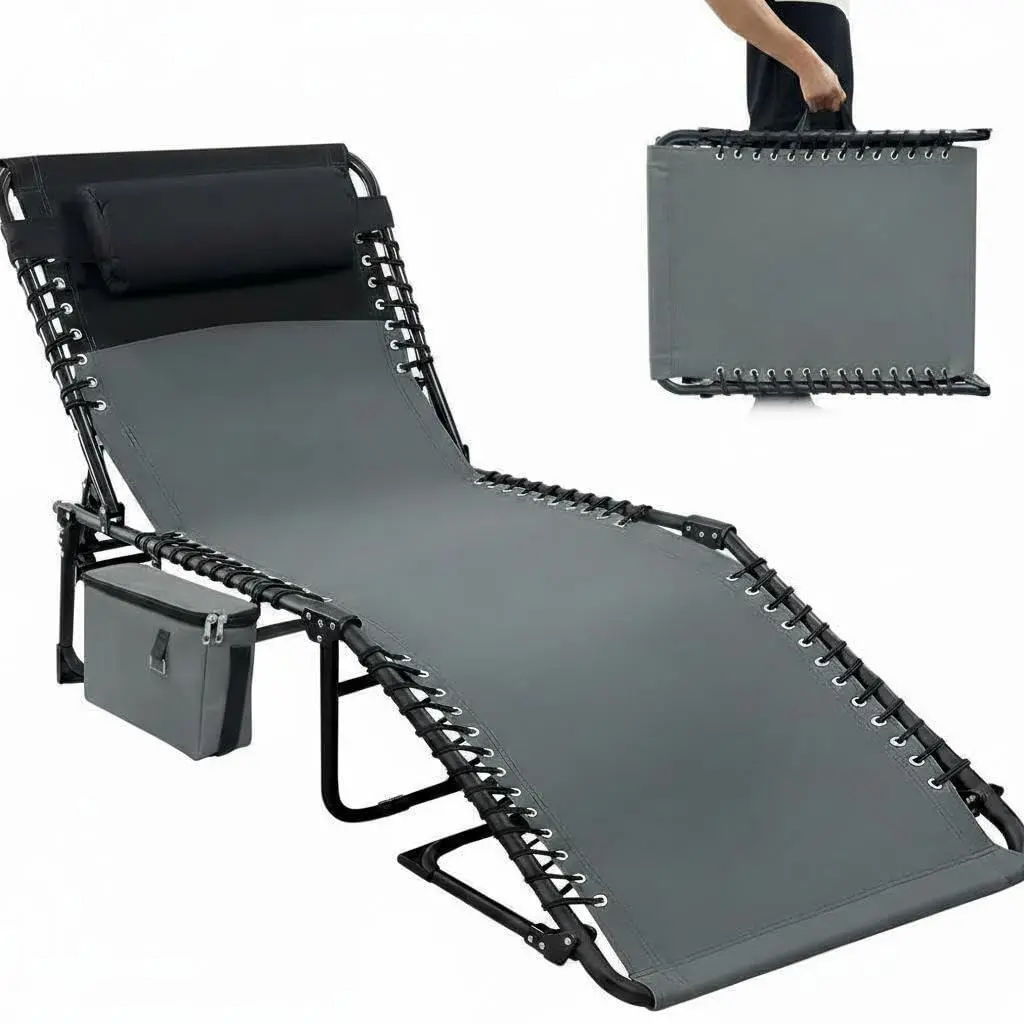 Gaomon Sun Lounger - Pre-Assembled Foldable Metal Frame Sunbathing Chaise Lounge, 5-Position Adjustable, Lay-Flat Design, Leg Adjustability, Carrying Handle, Detachable Pocket, Pillow, Outdoor Poolside Furniture Cot, Beach