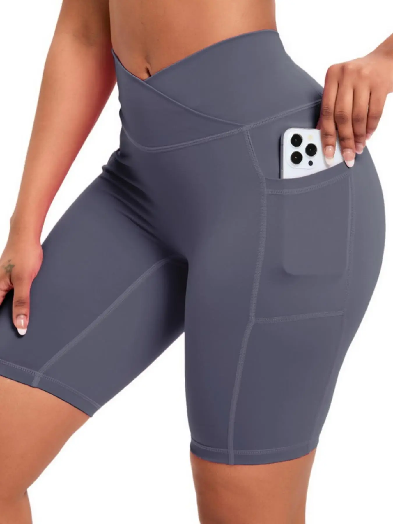 Women's Basic Plain Wrap Hem High Waist Pocket Sports Shorts, Casual Sporty Breathable Comfortable Skinny Shorts for Yoga Gym Workout Running, Gym Sho