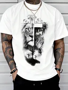 Men's Lion & Jesus Print Casual Graphic Design Round Neck Tee, Regular Fit Casual Short Sleeve Crew Neck T-Shirt for Summer, Fashion Men's Top for Daily Wear, Tropical trendy shirt