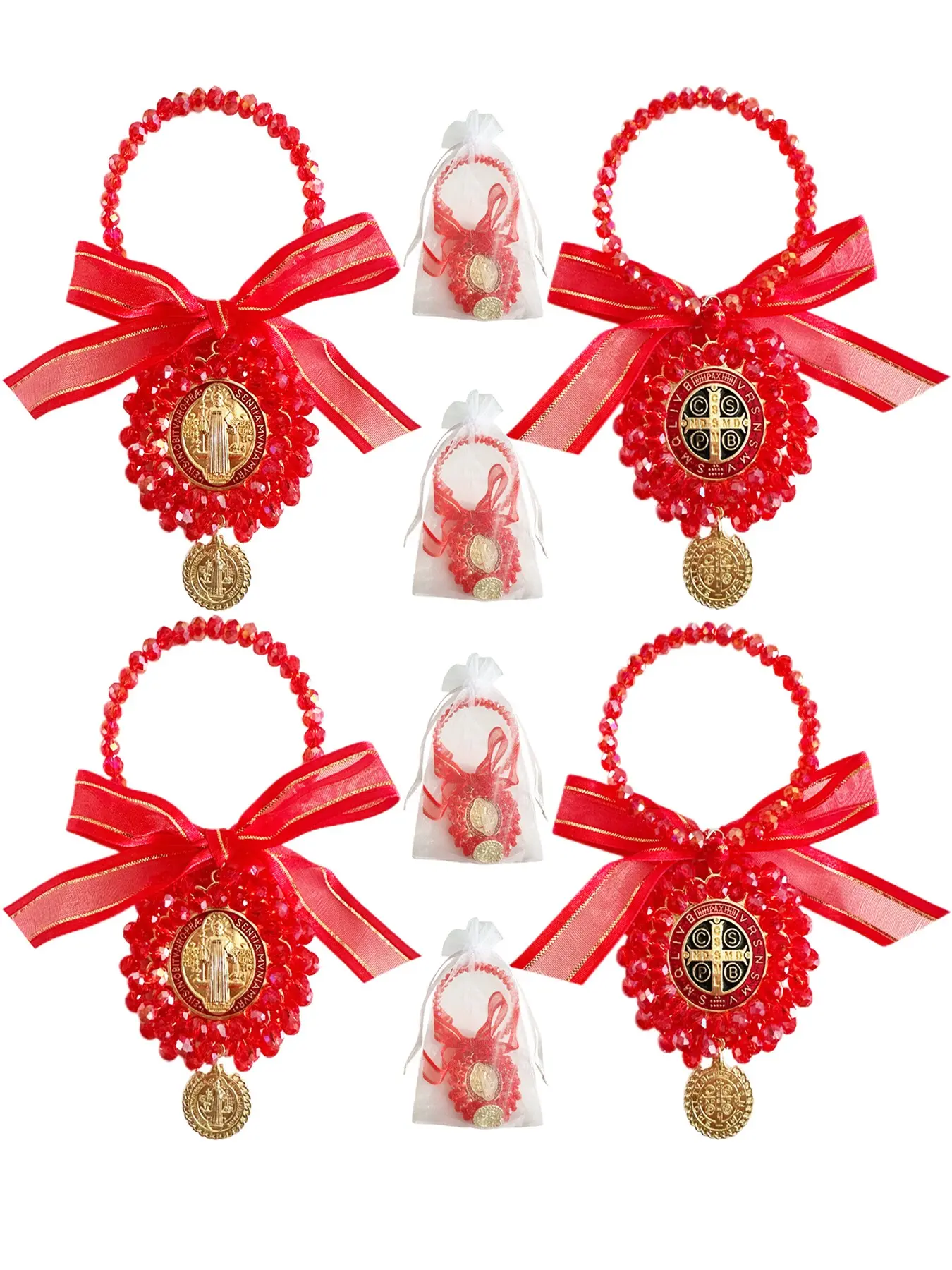 Saint Benedict Medal Door Hanger, 4pcs Pocket Rosary with Organza Bags, Catholic Gifts, Car Hanging Charm, Home Door Decor Ornaments, Home Door Hangers, Home Hanging Decoration