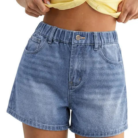 luvamia Women's High-Waisted Denim Festival Shorts - Baggy Wide Leg, Elastic Waist, Button Closure, 4 in Inseam, Casual Summer Jorts, Women's Bottoms