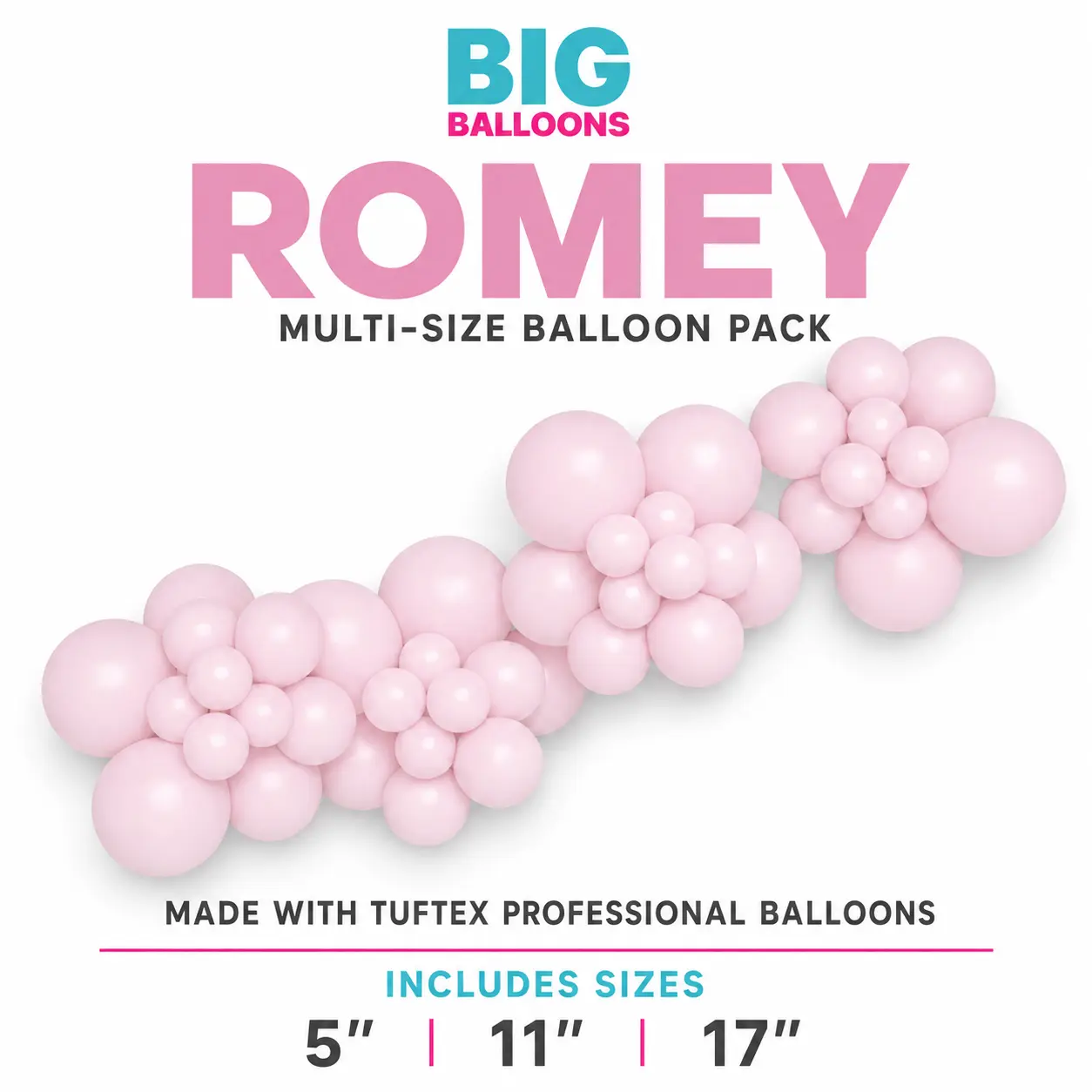 Romey Pink Pearl Balloon Multi-Size Pack Professional Latex Balloons for Balloon Arch Garland Event Decor | 54 Total Balloons | 5”, 11” & 17” Sizes | DIY Balloon Garland Kit