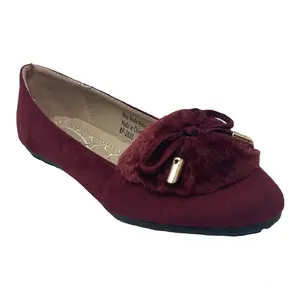 Women’s Faux Suede Ballerina Flats – Soft Textured Slip-On Shoes with Faux Fur Ornament and Gold-Tip Bow, Comfortable Everyday Casual Flats