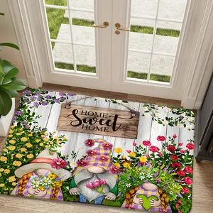 Soft Flannel Non-Slip Doormat with Wooden Texture & Colorful Gnome Design – "Home Sweet Home" Welcome Mat, Perfect for Kitchen, Dining Room, Hallway, Bathroom, Bedroom, Indoor/Outdoor Use, Gnome Garden Decor