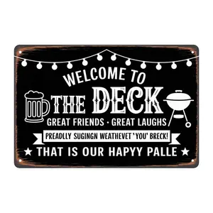 Welcome to The Deck BBQ Grill Party Tin Sign, Vintage Backyard BBQ Party Metal Sign Print Aesthetic Room Decoration for Home Bedroom Kitchen Bar Coffee Bathroom Indoor Outdoor Wall Decor, 8 X 12 IN