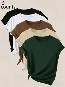 Women's Summer 5-Pack Casual Short-Sleeve T-Shirts (Solid Colors) — Y2K Minimalist Style, Ideal for Everyday Wear and Commuting