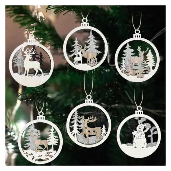 6pcs 3D Glitter Reindeer Wood Tree Ornaments Round Wooden Christmas Tree Decorations, Farmhouse Rustic Winter Wonderland Glitter Decorations