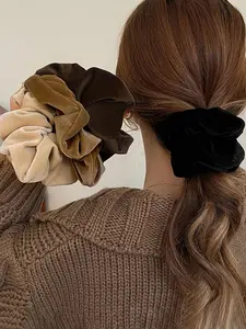 4pcs-Women-13cm-5-12in-High-End-Velvet-Thick-Black-Beige-Brown-Scrunchies-Elastic Hair Accessory-Fashion-Versatile-Elegant-Minimalist-Solid-Color-Hair-Ties-Suitable-For-Daily-Outing-Casual-Party-Commute-Vacation-Hair-Styling-Makeup-Outfit-Matching