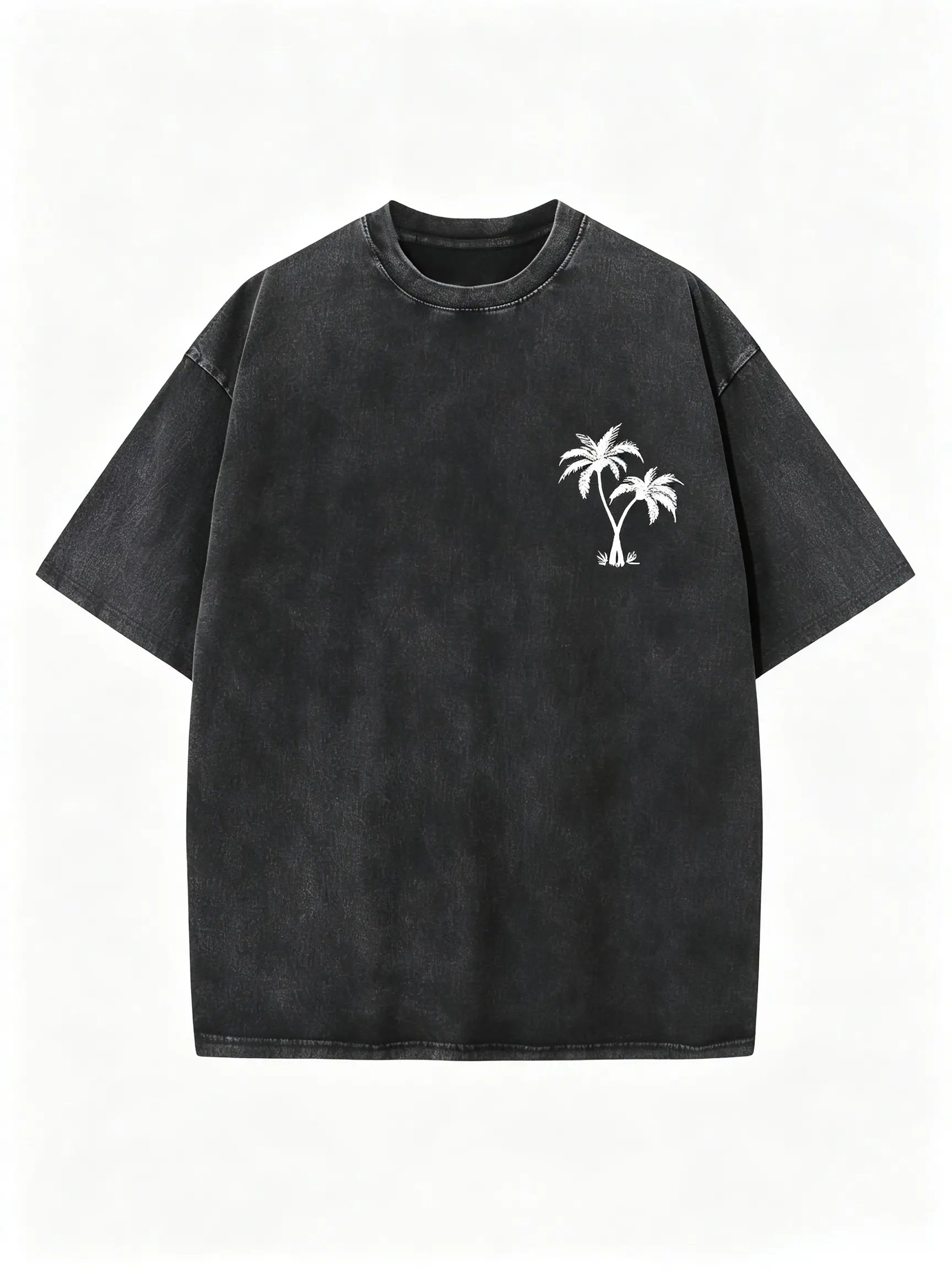 "Coconut Tree LOGO" Creative Pattern Printing Heavy 230g Pure Cotton Oversized Drop Shoulder T-shirt Washed T-shirt Men's Retro Street T-shirt Basic T-shirt Loose Hip-hop Unisex Top Acid Wash T-shirt,summerwins,summeroutfits,vacationoutfits,beachoutfits