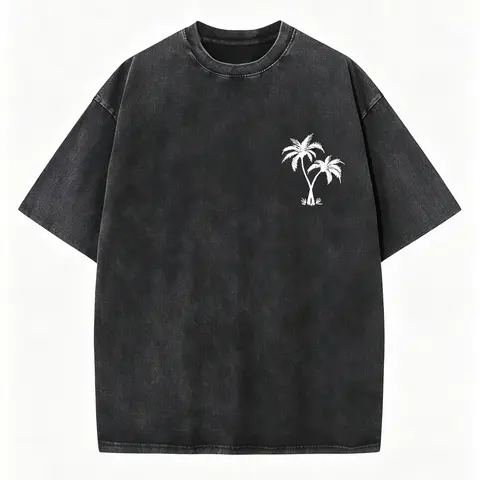 "Coconut Tree LOGO" Creative Pattern Printing Heavy 230g Pure Cotton Oversized Drop Shoulder T-shirt Washed T-shirt Men's Retro Street T-shirt Basic T-shirt Loose Hip-hop Unisex Top Acid Wash T-shirt