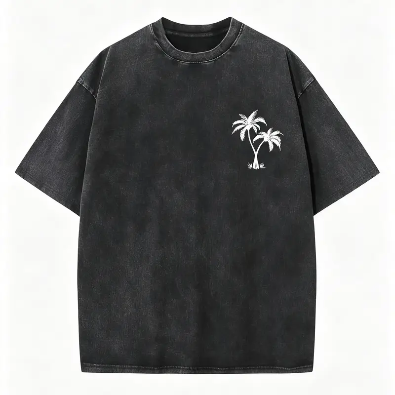 "Coconut Tree LOGO" Creative Pattern Printing Heavy 230g Pure Cotton Oversized Drop Shoulder T-shirt Washed T-shirt Men's Retro Street T-shirt Basic T-shirt Loose Hip-hop Unisex Top Acid Wash T-shirt
