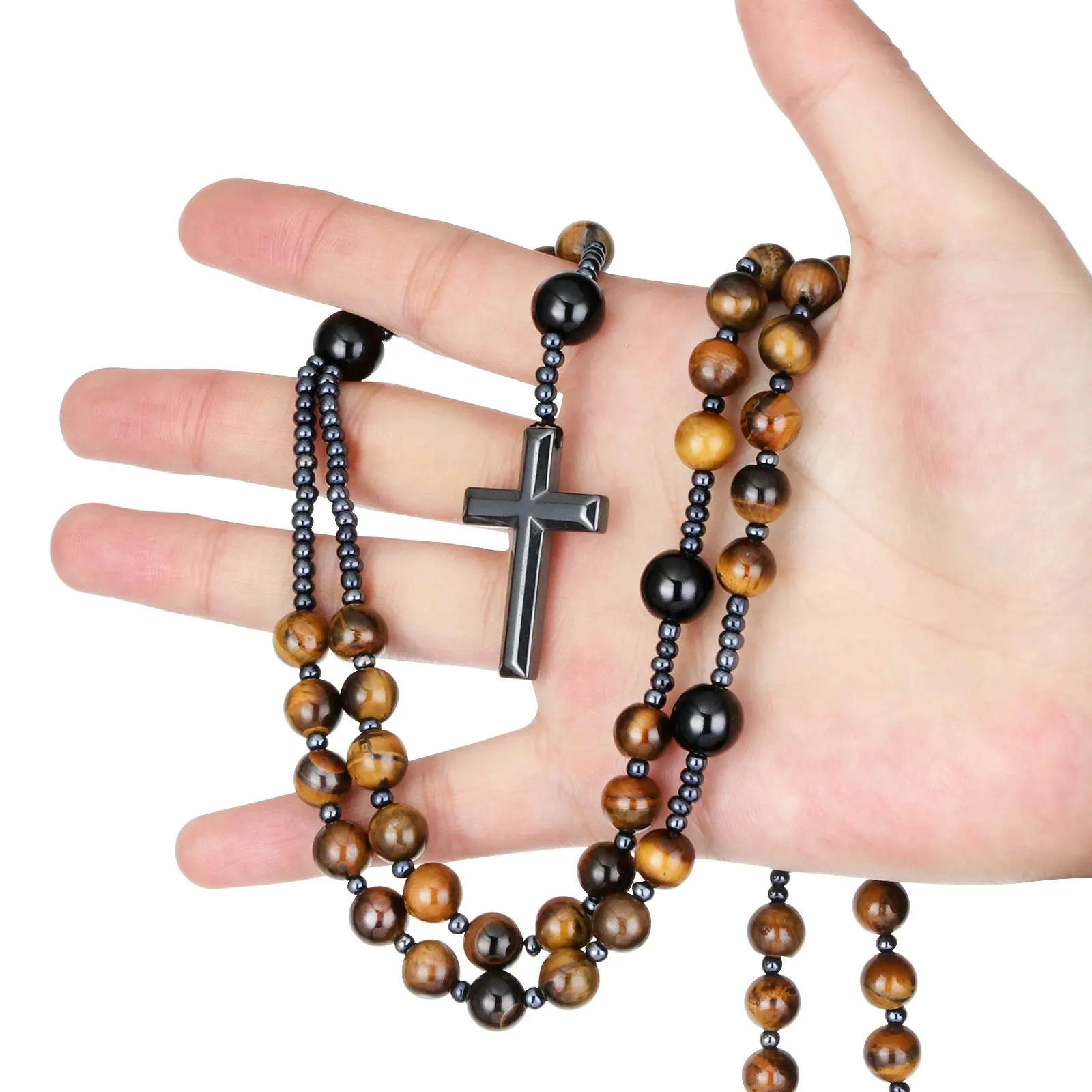 Natural Hematite Cross Pendant Necklace, Triple Protection Tiger Eye Black Obsidian Beaded Healing Protection Strength Inner Peace Balance Necklace