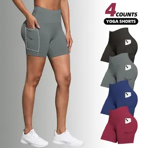 Women’s bike shorts with pockets, high-waisted tummy control and stretchy fabric, 4-pack for fitness, yoga, and sports