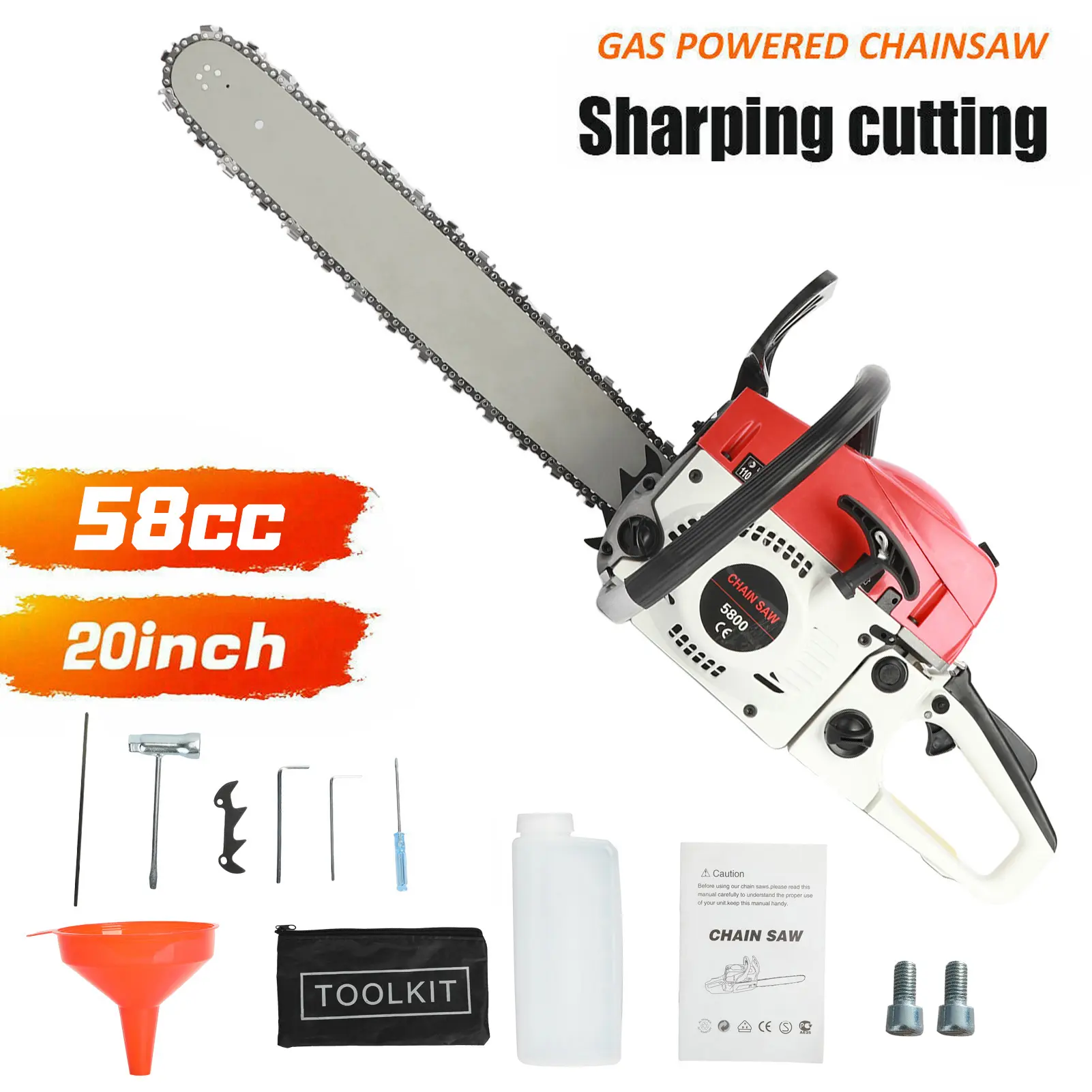 Summervibes Durable Gasoline Chainsaw - 58CC, 20-in, 3.22HP, 13000rpm Motor, ABS Plastic Build, Handheld Gas Chainsaw with Auto Oil System, 260ml Capacity, for Tree Wood Branch Cutting, Land Clearing (Garden, Farm Use) w/1 x Gas Chain Saw, 1 x Funnel, Tre