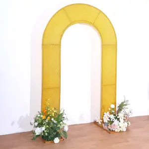 Gold Spandex Fitted Open Arch Backdrop Cover With Shimmer Tinsel Finish, Double-Sided U-Shaped Wedding Arch Slipcover 8ft