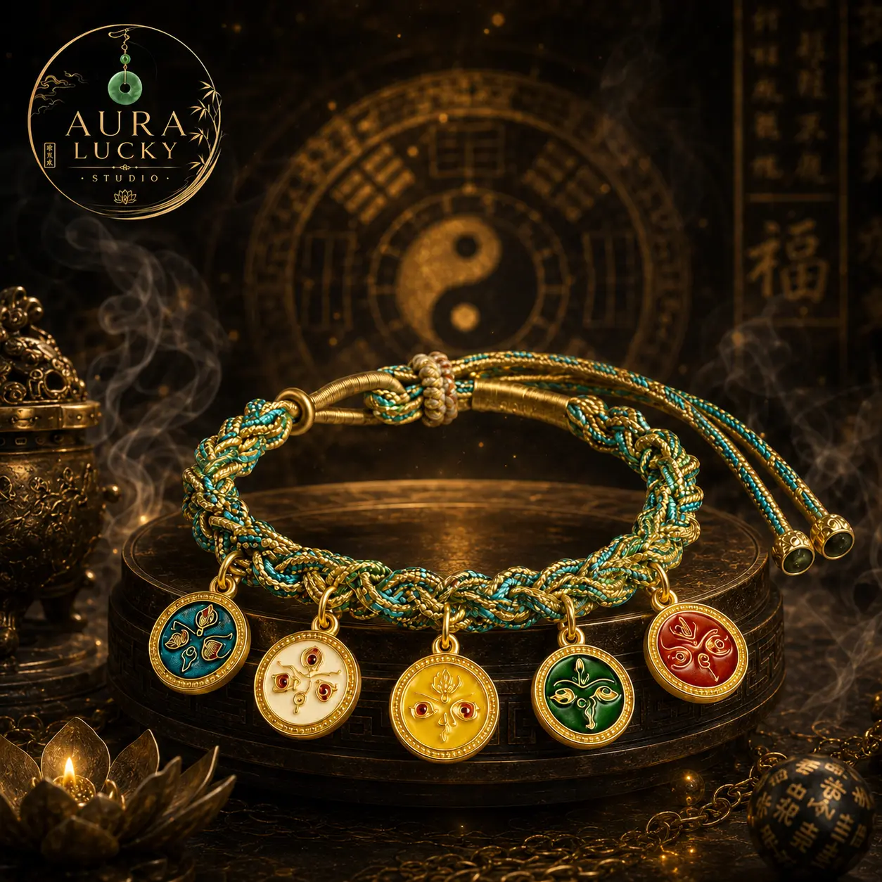 5 Blessings Beaded Charm Rope Link Bracelet - Hand-Braided Premium Rope, Retro Chinese Style Costume Jewelry, Adjustable Unisex Accessory for Luck, Spiritual Harmony, Beaded Charm Bracelet