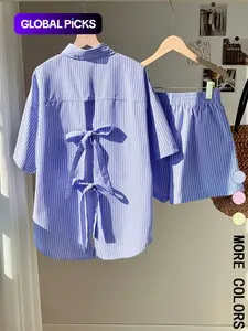 Two-piece Set Women's Striped Print Bow Back Top & Shorts, Casual Button Top & Shorts for Summer, Ladies Clothes for Vacation