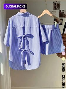 Two-piece Set Women's Striped Print Bow Back Top & Shorts, Casual Button Top & Shorts for Summer, Ladies Outfit Clothes for Vacation Holiday, Clothing