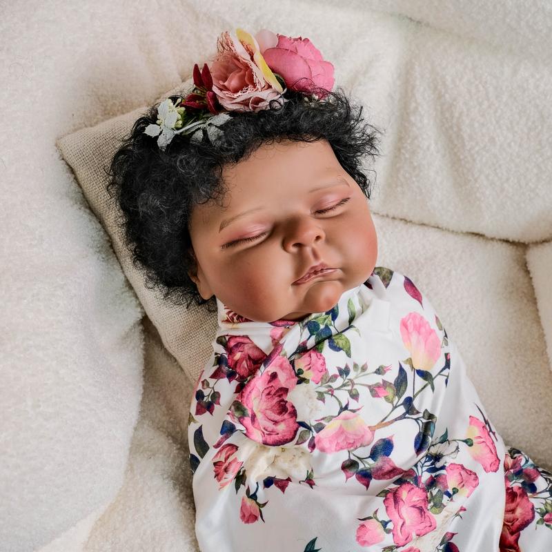 Lifelike Reborn Baby Dolls 20 inch 50 cm Realistic Mixed-Race Baby Girl Doll Black African American & Biracial Reborn Toddler with Hand-Rooted Curls, Soft Cloth Body & Outfit Set