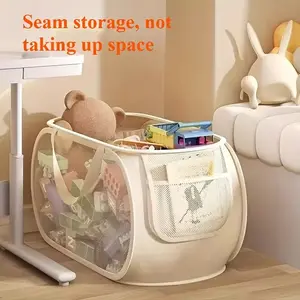 1pc Large Foldable Toy Storage Basket with Mesh Edges and Durable Handle, Fabric Organizer, Playroom Kidsroom Organizer, with Transparent Panel, Mesh Baskets