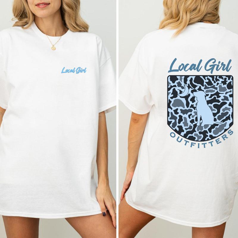 100% Cotton Unisex🐕🌙 Local Girl Outfitters blue classic camouflage graphic short sleeve crew neck tee featuring dog and moon design, soft cotton relaxed fit casual top, unisex outdoor streetwear graphic t shirt, gift idea fits Daily T-shirt