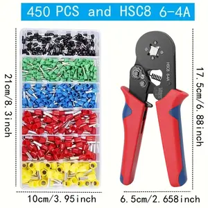 450pcs Tube Type Crimping Terminal Set, Copper Pipe PVC Flame Retardant Wire Connectors, Cable Connector Kit, Includes Hsc8 6-4a Alloy Steel Crimper, 0.25-10mm²