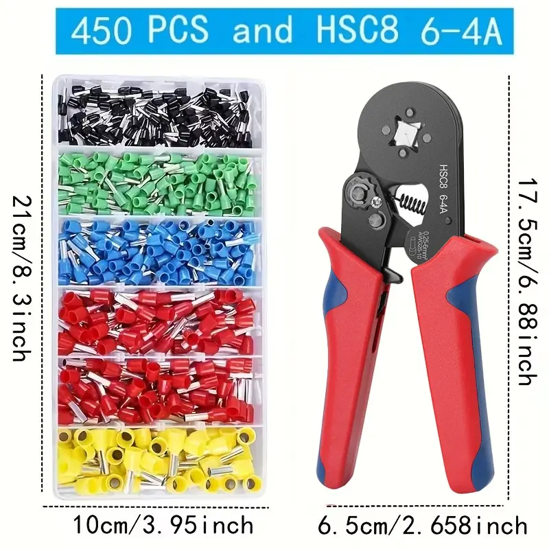 450pcs Tube Type Crimping Terminal Set, Crimp Terminals, Copper Pipe PVC Flame Retardant Wiring Connectors, Cable Connector Kit, Includes Hsc8 6-4a Alloy Steel Crimper, 0.25-10mm²