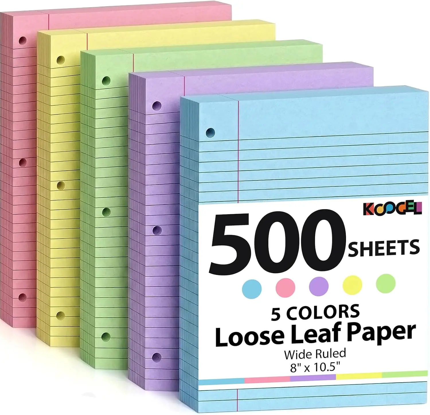 500 Sheets Colored Filler Paper, 5 Colors 8 x 10-1/2 Inch Wide Ruled