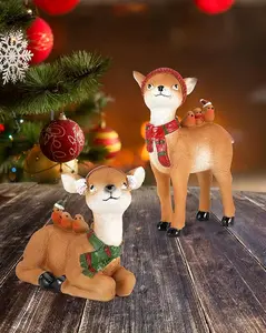 2 Piece/Set Reindeer Christmas Decoration, Resin 5.5'' Buck and Doe Set Novelty Sculpture, Indoor Home Decor, Standing and Sitting Figurines (Xmas Deers B)