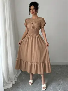 Summer Round Neck Wooden Trim Ruched Waist Pleated Short Sleeve Boho Style Woven Casual Vacation Dress, Lady Women's Fashion Clothing, Womenswear