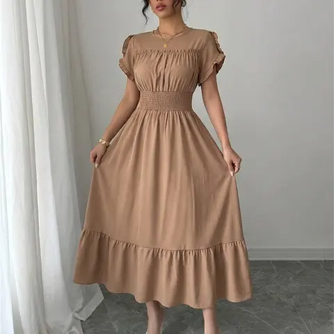 Summer Round Neck Ruched Waist Pleated Short Sleeve Woven Casual Dress, Boho Style for Vacation, Ruffle Edge Dress, Women's Fashion Clothing, Womenswear, Cute Dress