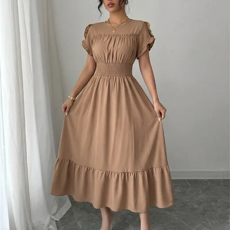 Summer Round Neck Ruched Waist Pleated Short Sleeve Woven Casual Dress, Boho Style for Vacation, Ruffle Edge Dress, Women's Fashion Clothing, Womenswear, Cute Dress