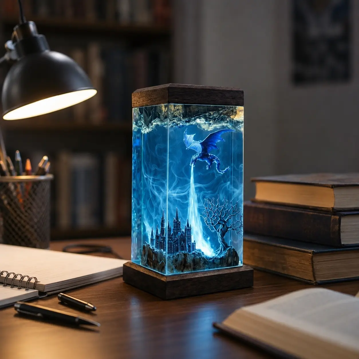 Blue Dragon Resin Lamp, Handmade Fantasy Resin Art, Flying Dragon and Castle Diorama, Epoxy Resin Decorative Lamp, Wooden Base Home Decor, Dragon Sculpture, Fantasy Desk Decoration, Collectible Artwork, Gift for Dragon Lovers