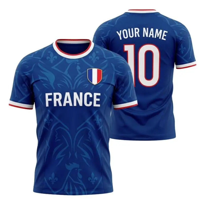 France Blue Soccer Jersey Shirt, Custom Name Number Fan Sports Tee