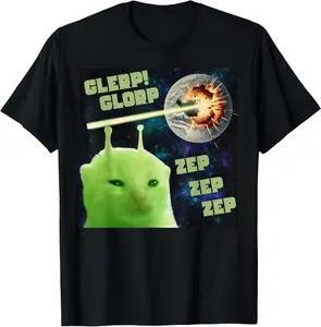 Men's Pure Cotton Short-Sleeve Round Neck Streetwear T-Shirt - Glerp Glorp Cat Silly Alien Meme Brainrot Graphic, Casual Fitness Top, Soft Menswear Gift