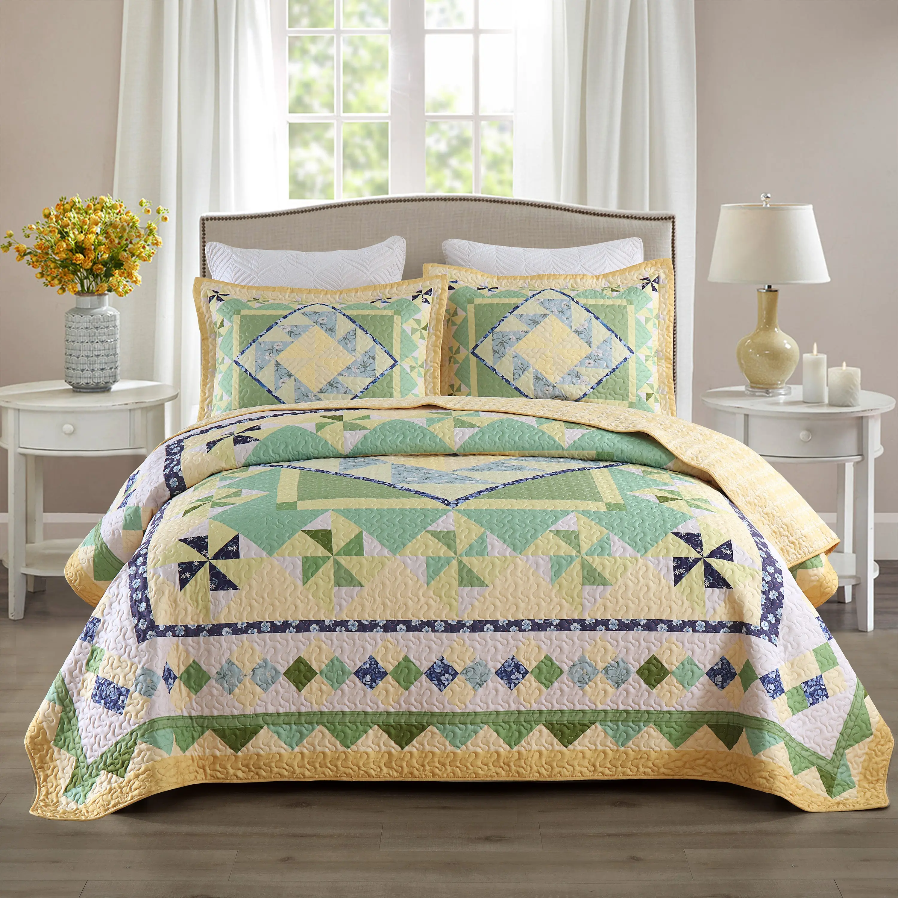 3-Piece Quilted Bedspread Set - Geometric, Summer Lightweight, Breathable Ultra-Soft Cooling Coverlet for Hot Sleepers, All-Seasons Durable Easy-Care Polyester Bedding