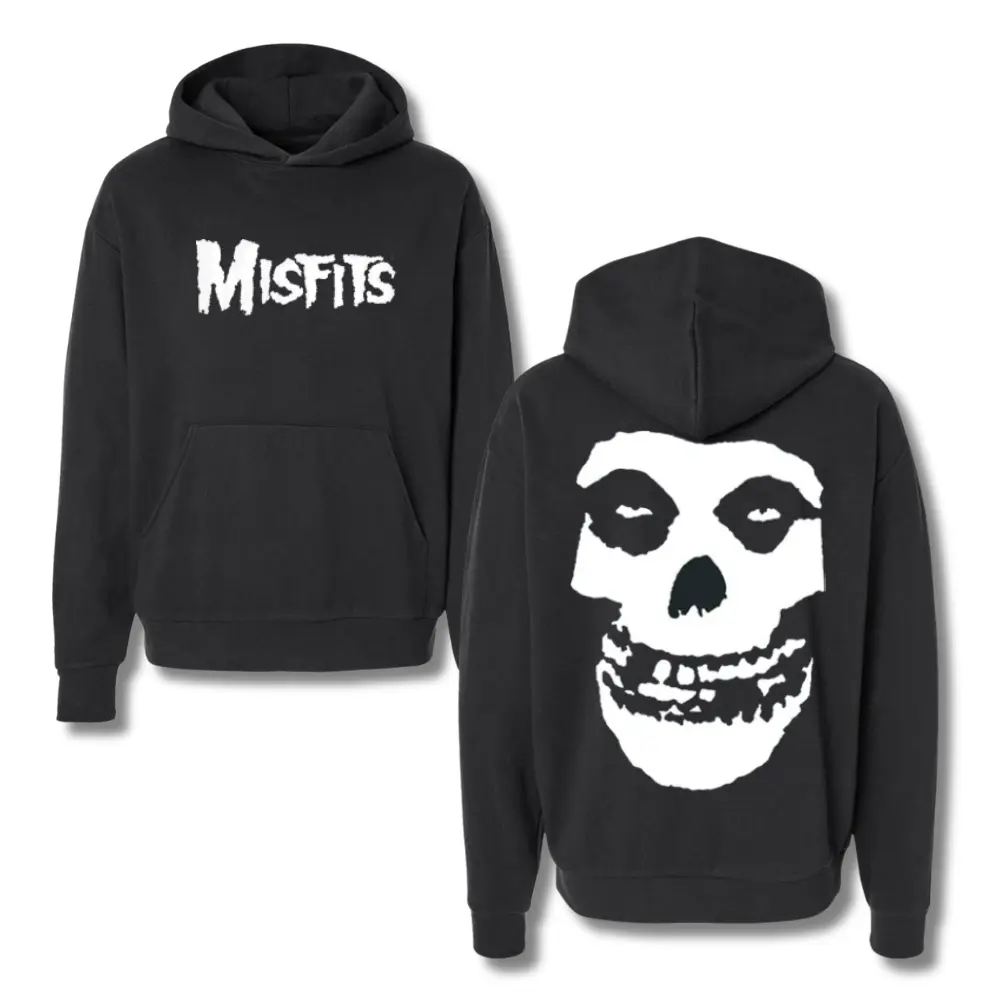 Men's Unisex Misfits Skull Graphic Hoodie - Punk Rock Band Design, Bold 2-Side Front & Back Prints, Cotton-Spandex Stretchy Fabric, Ideal for Music Fans, Halloween & Fall Outfits