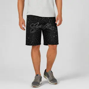 Men’s denim mid-length shorts with intricate rhinestone detailing, vintage black water wash, letter heat-pressed rhinestones, straight-leg street style fathersdaygift