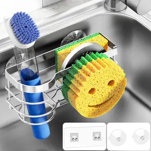 Smiley Sponge Holder for Kitchen Sink Caddy, Stainless Steel Movable Brush Holder Dish Cloth Hanger, Suction Cup Sink Caddy Organizer Scrubber Accessories (Silver) Rack Shelf