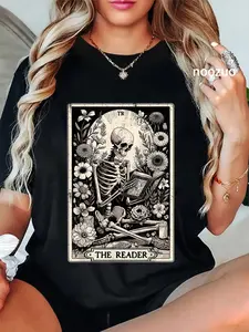100% Cotton Unisex The Reader Tarot Card Funny Book Lover Skeleton Reading Book T-Shirt